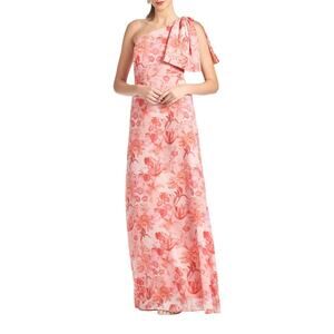Sachin & Babi Chelsea One Shoulder Draped Bow Pink Floral Print Full Length Gown